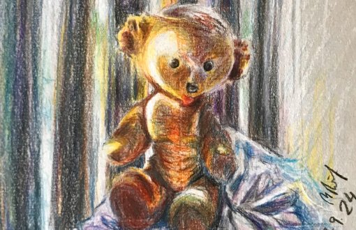 A colourful drawing showing a teddy bair sitting in a dark place with a ray of light over its body 